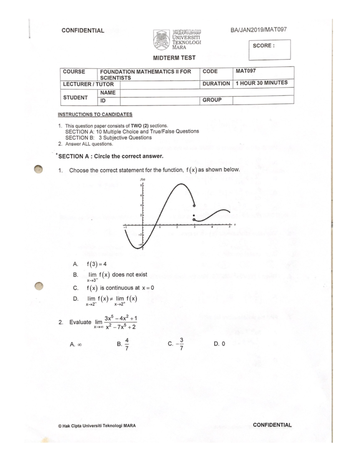 MAT097 Midterm Test 2019 January - foundation in science - Studocu