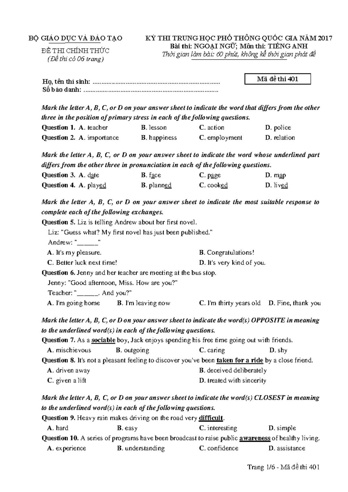 Đề chính thức Thptqg 17-21 VMP + Keys - Trang 1 /6 - Mã đề thi 401 BỘ ...