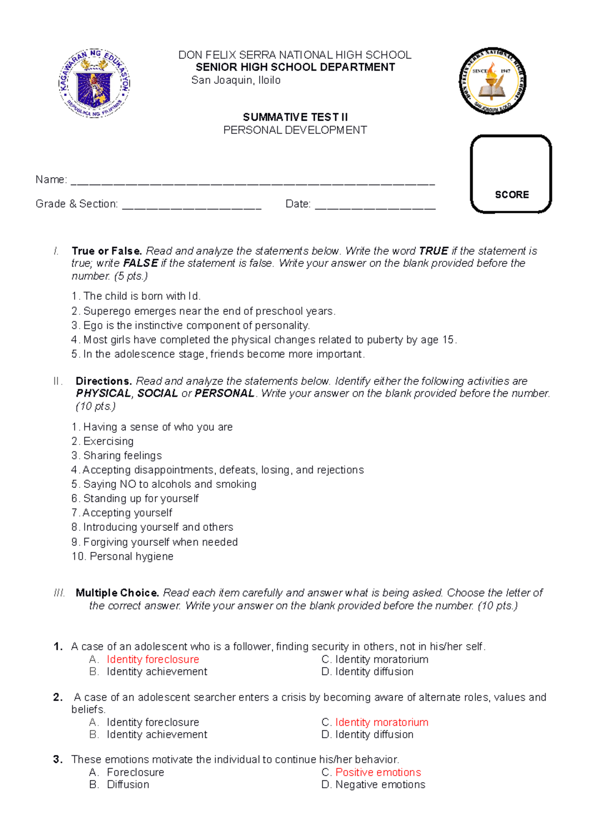 Personal Development Summative Test 2 - DON FELIX SERRA NATIONAL HIGH ...