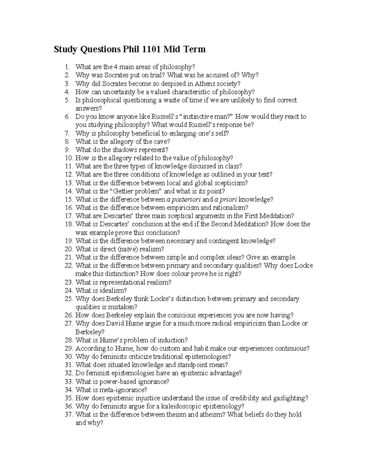 Study Questions Mid term 2024 - Study Questions Phil 1101 Mid Term What ...