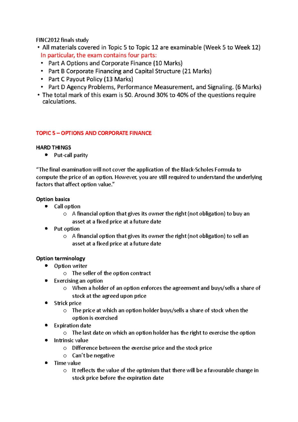 FINC2012 finals study - FINC2012 finals study TOPIC 5 – OPTIONS AND ...