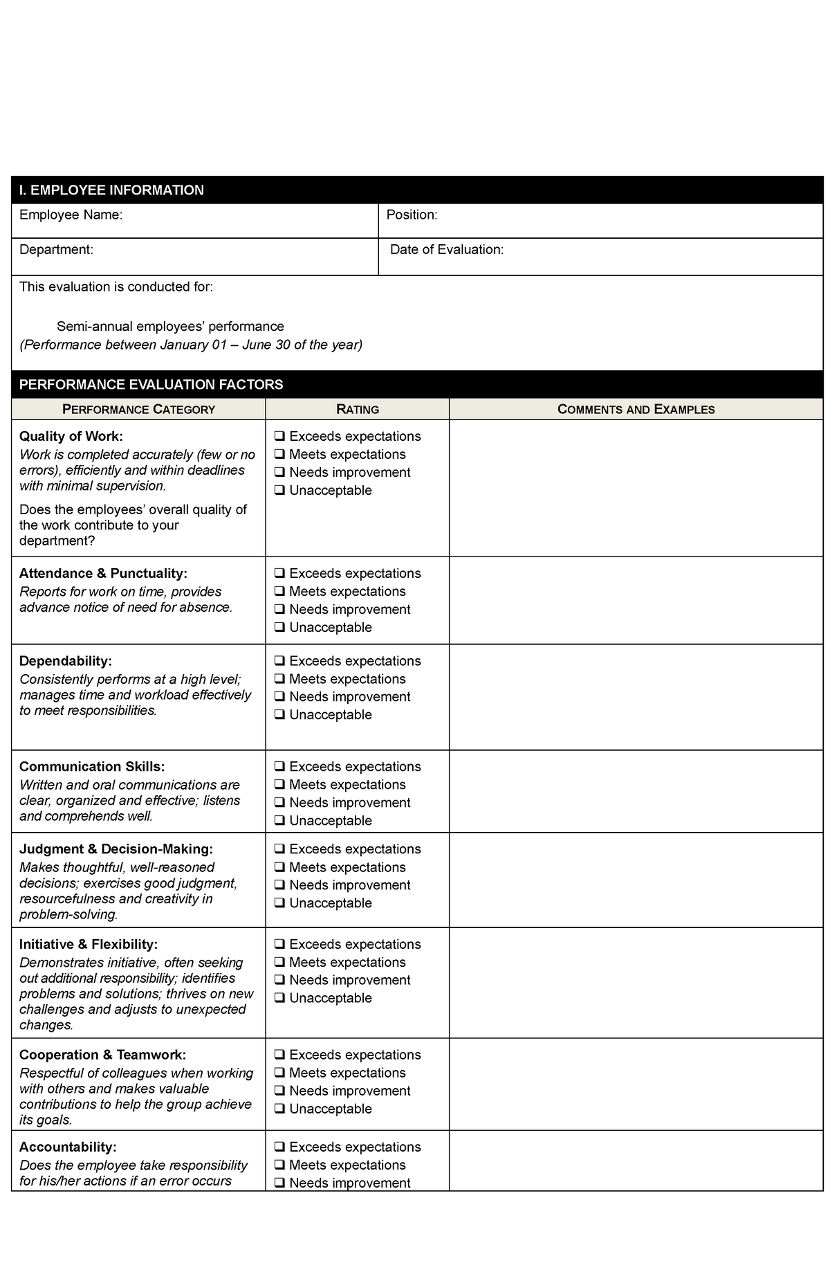 Performance Evaluation Form Sample Philippines