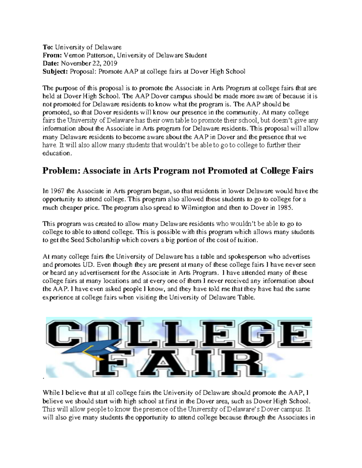 Research Proposal ENGL 110 To University of Delaware From Vernon