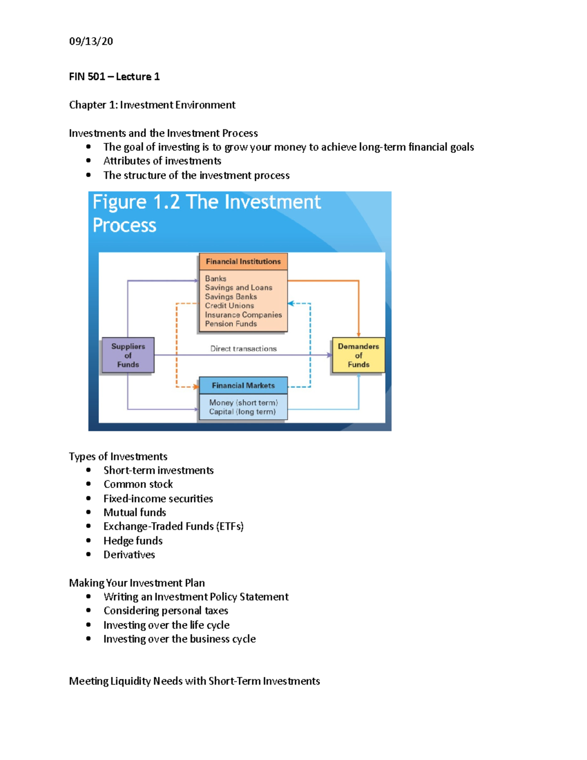 Chapter 1 And 2 Notes - FIN 501 – Lecture 1 Chapter 1: Investment ...