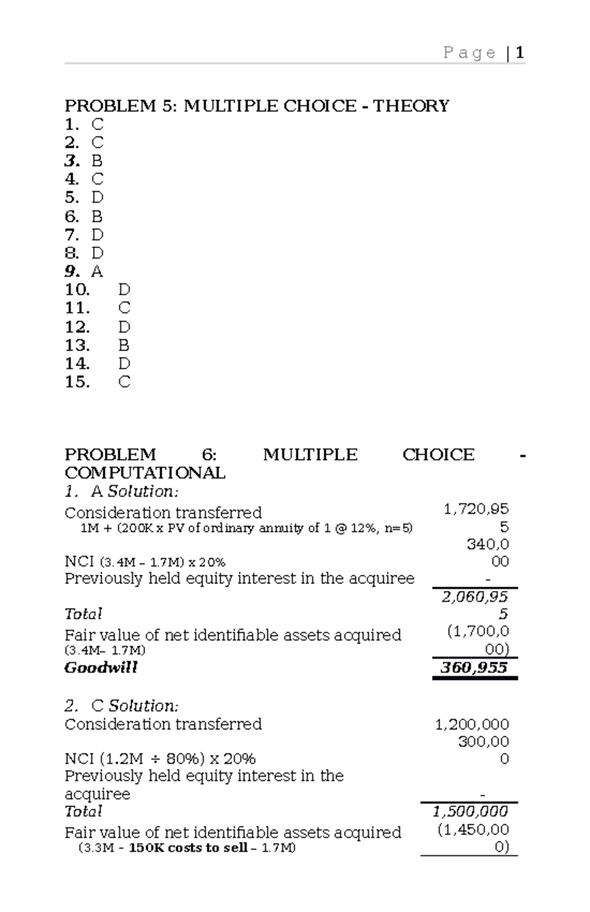 Business Combination Part 1 Solution To Exercise - PROBLEM 5: MULTIPLE ...