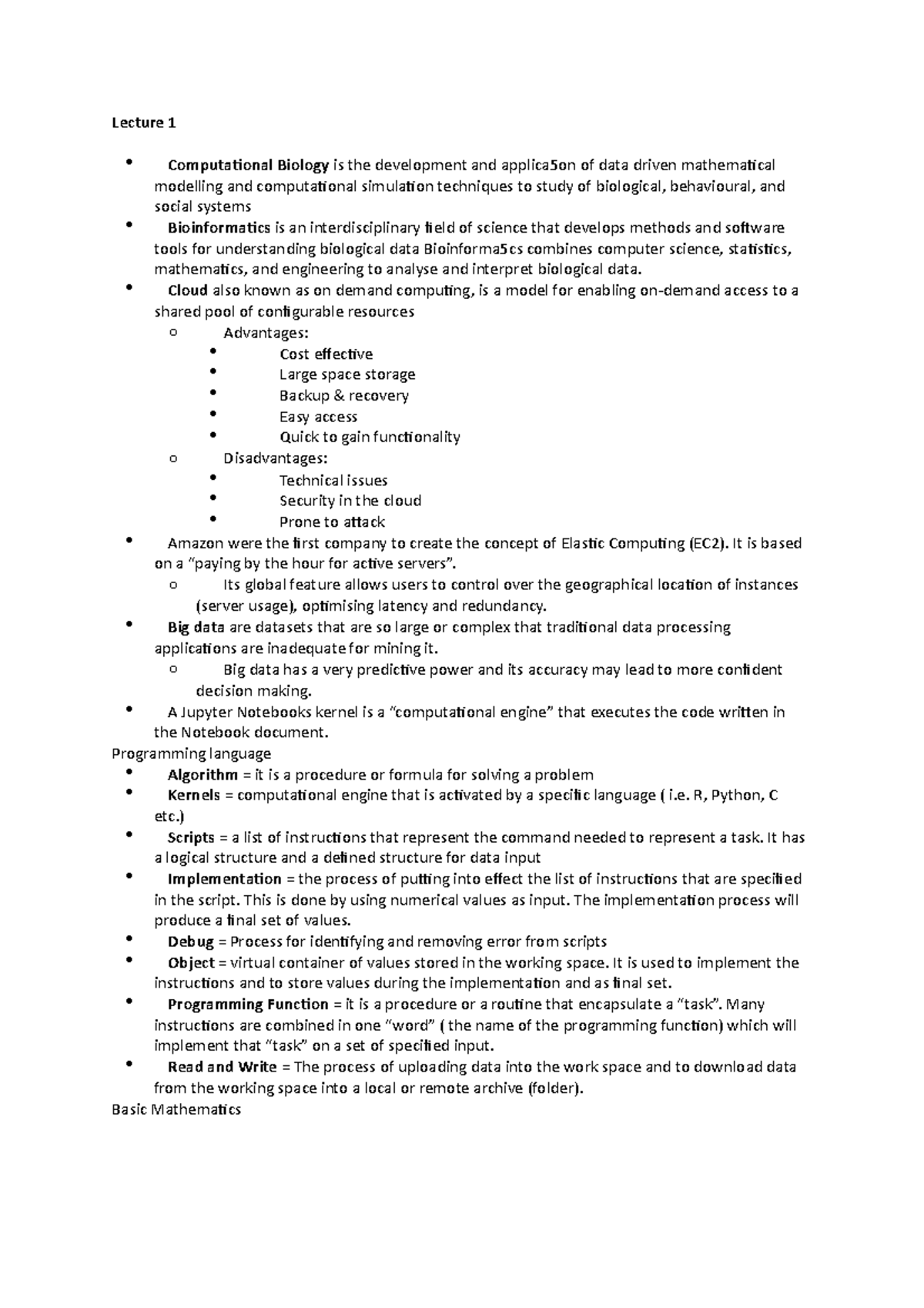 BMS355 Lecture Notes - Lecture 1 Computational Biology is the ...