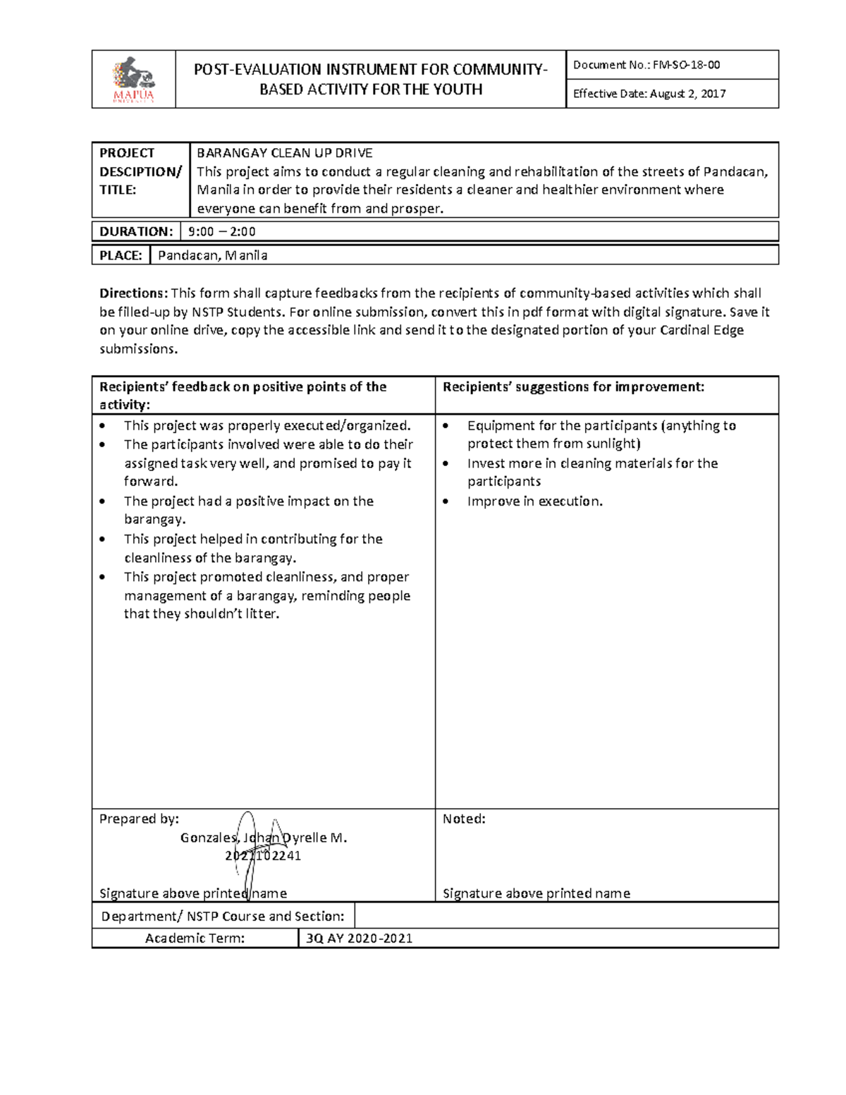 Gonzales JD-CWTS102-AM12-PPE - POST-EVALUATION INSTRUMENT FOR COMMUNITY ...