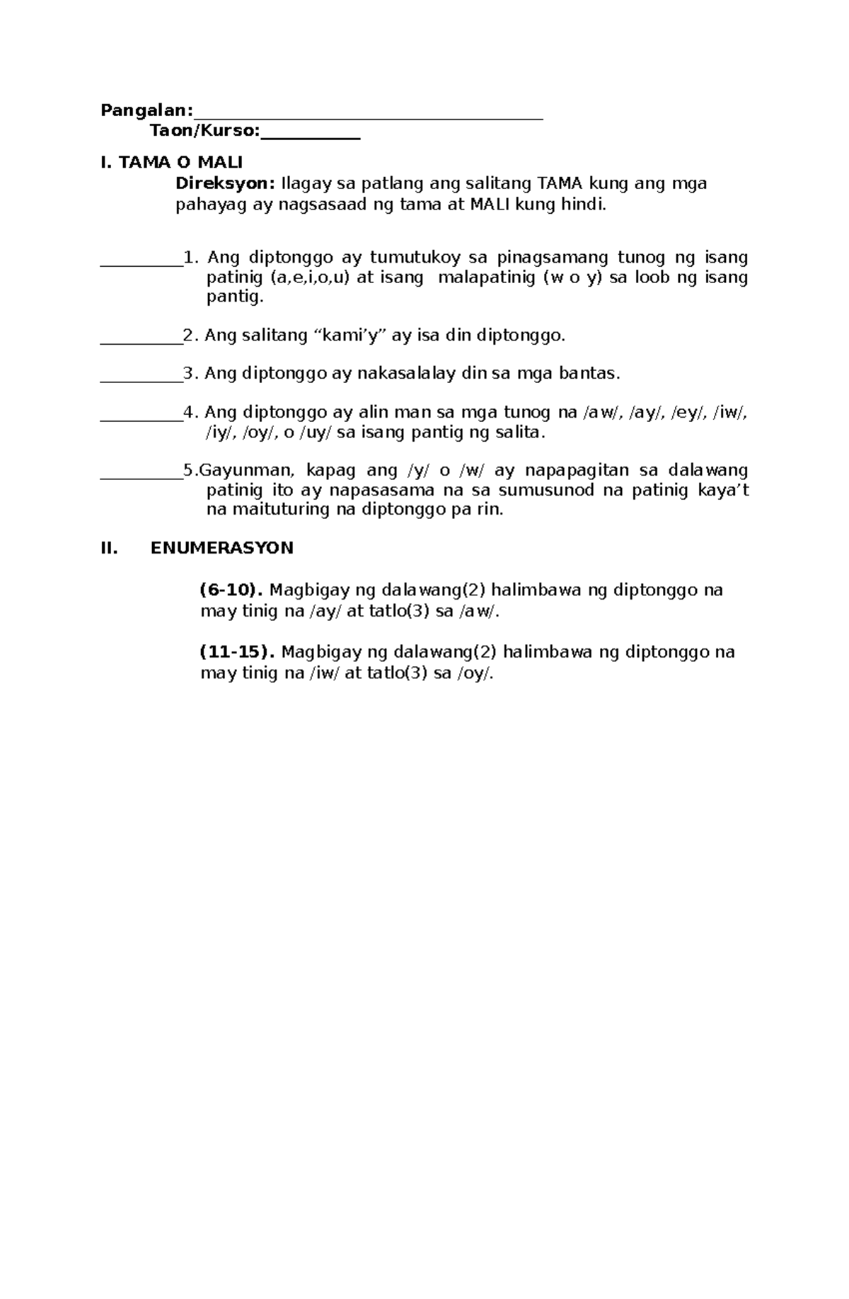 Diptonggo Quiz Pangalan 