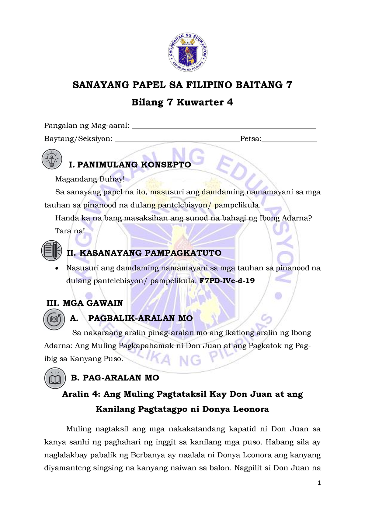 LAS-Q4-7 - For Grade 7 Students - SANAYANG PAPEL SA FILIPINO BAITANG 7 ...