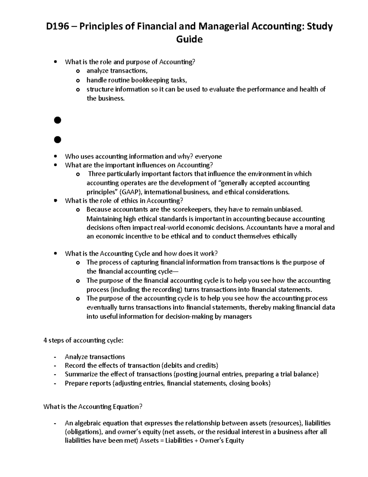 D196 Study Guide - D196 – Principles Of Financial And Managerial ...