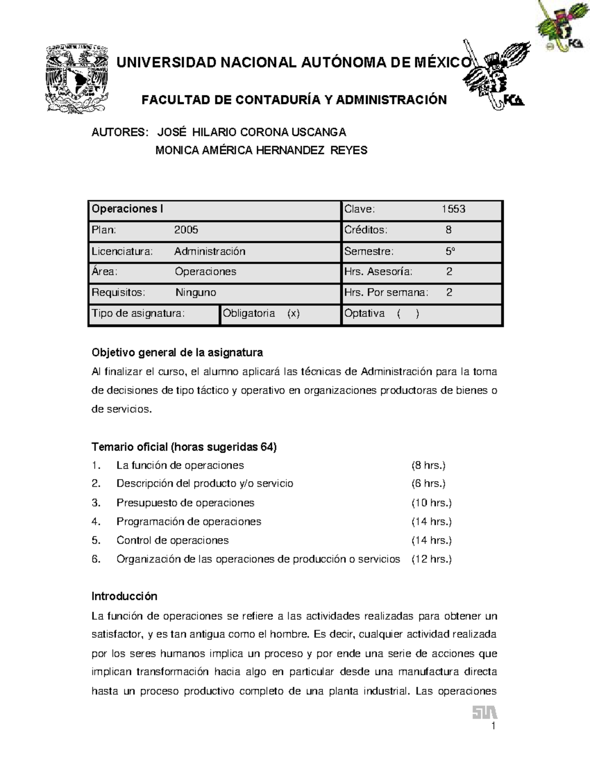 Operaciones I - UNIVERSIDAD NACIONAL AUT”NOMA DE M.. FACULTAD DE ...