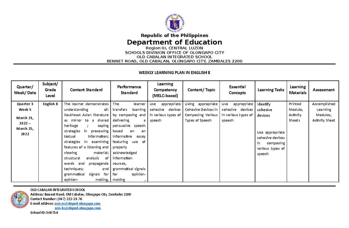 Eng8 WLP Q3 Week5 - WLP - Republic of the Philippines Department of ...