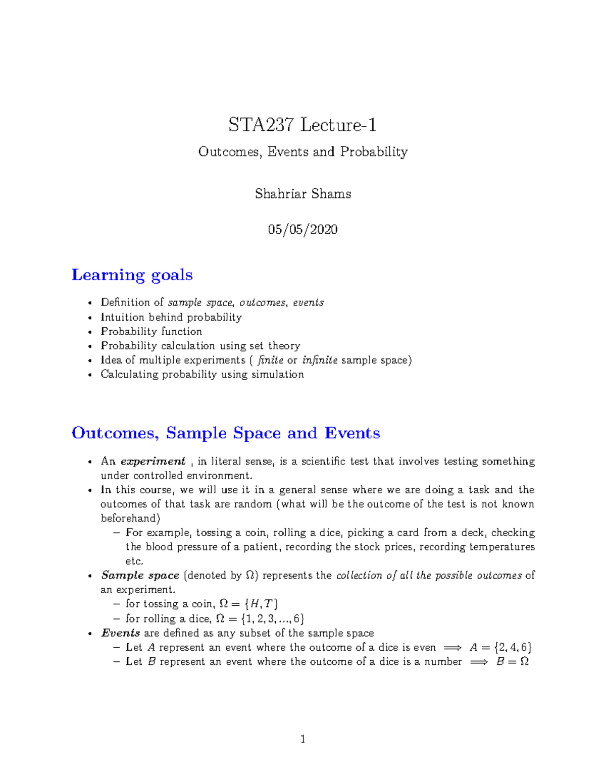 S2020 STA237 Lecture 01 - STA237 Lecture- Outcomes, Events And ...