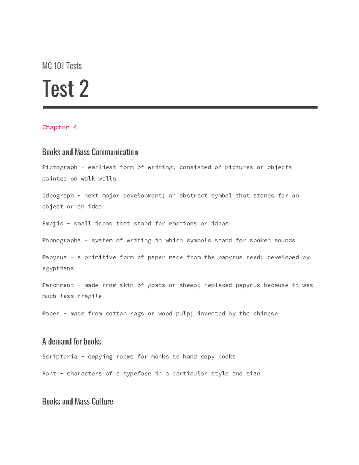 MC 101 Test 2 Review - All notes covered in class and outside of class ...