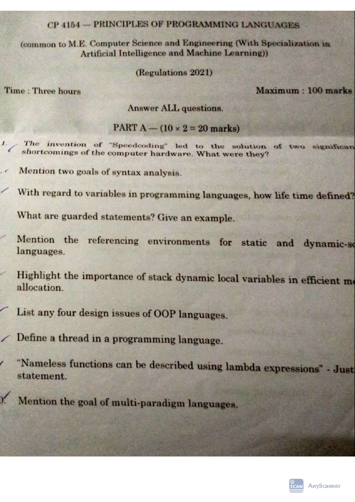 model questions - CP 4154 PRINCIPLES OF PROGRAMMING LANGUAGES (common ...