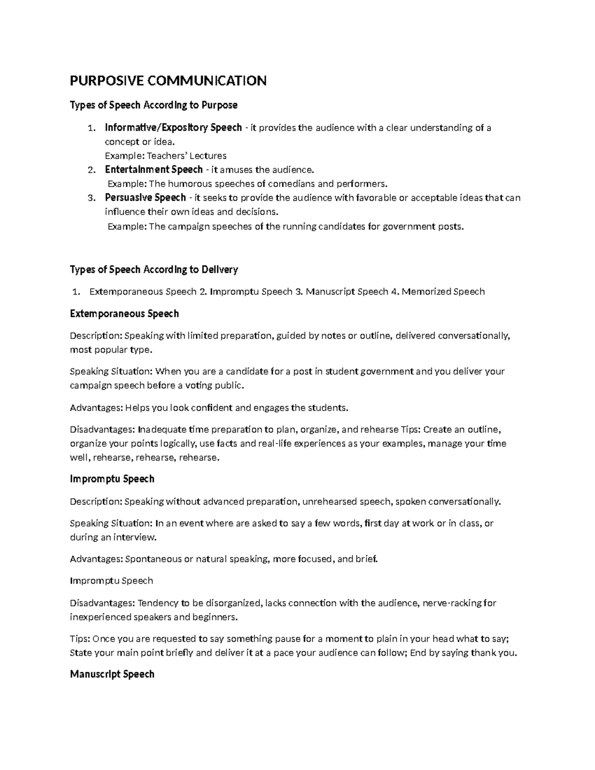 Purposive Communication Midterms Purposive Communication Types Of Speech According To Purpose 