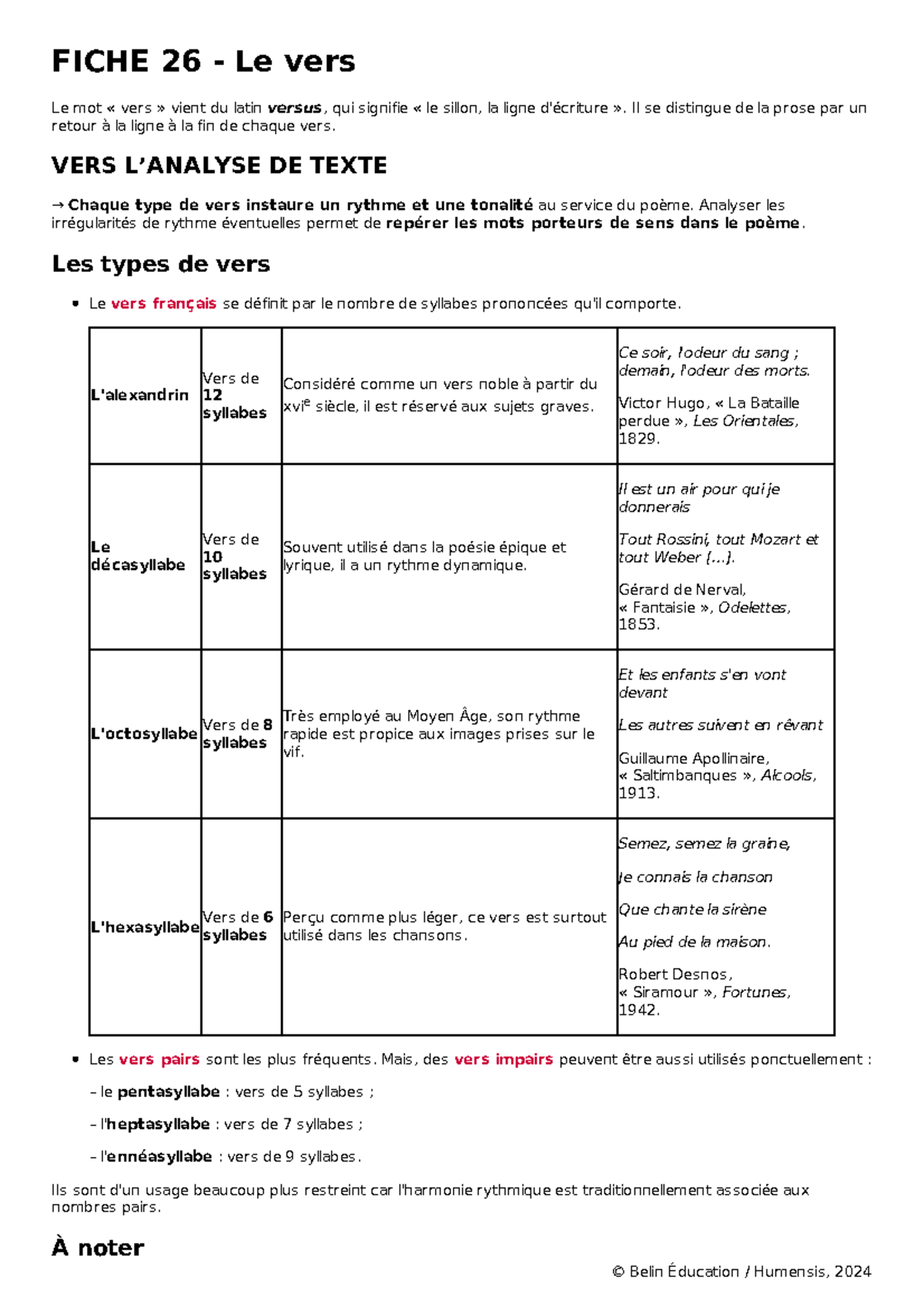 Fiche 26 Le Vers Pour La Versification FICHE 26 Le Vers Le Mot 