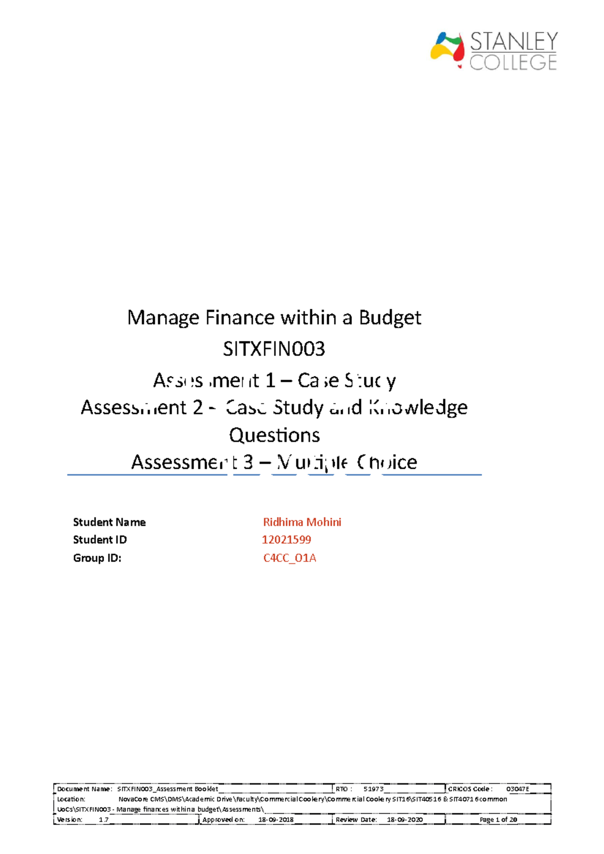 C4CC 01A Remote Sitxfin 003 Assessment Booklet 2021 - Manage Finance ...