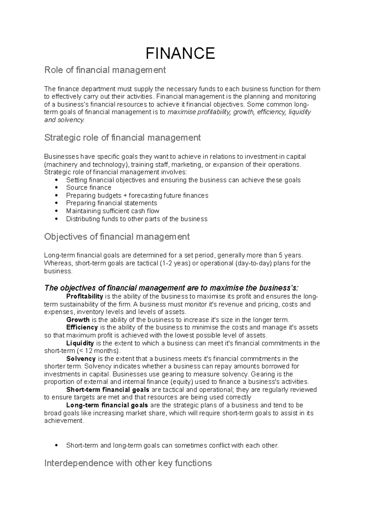 Finance Notes - 3rd topic of HSC Business Studies - FINANCE Role of ...