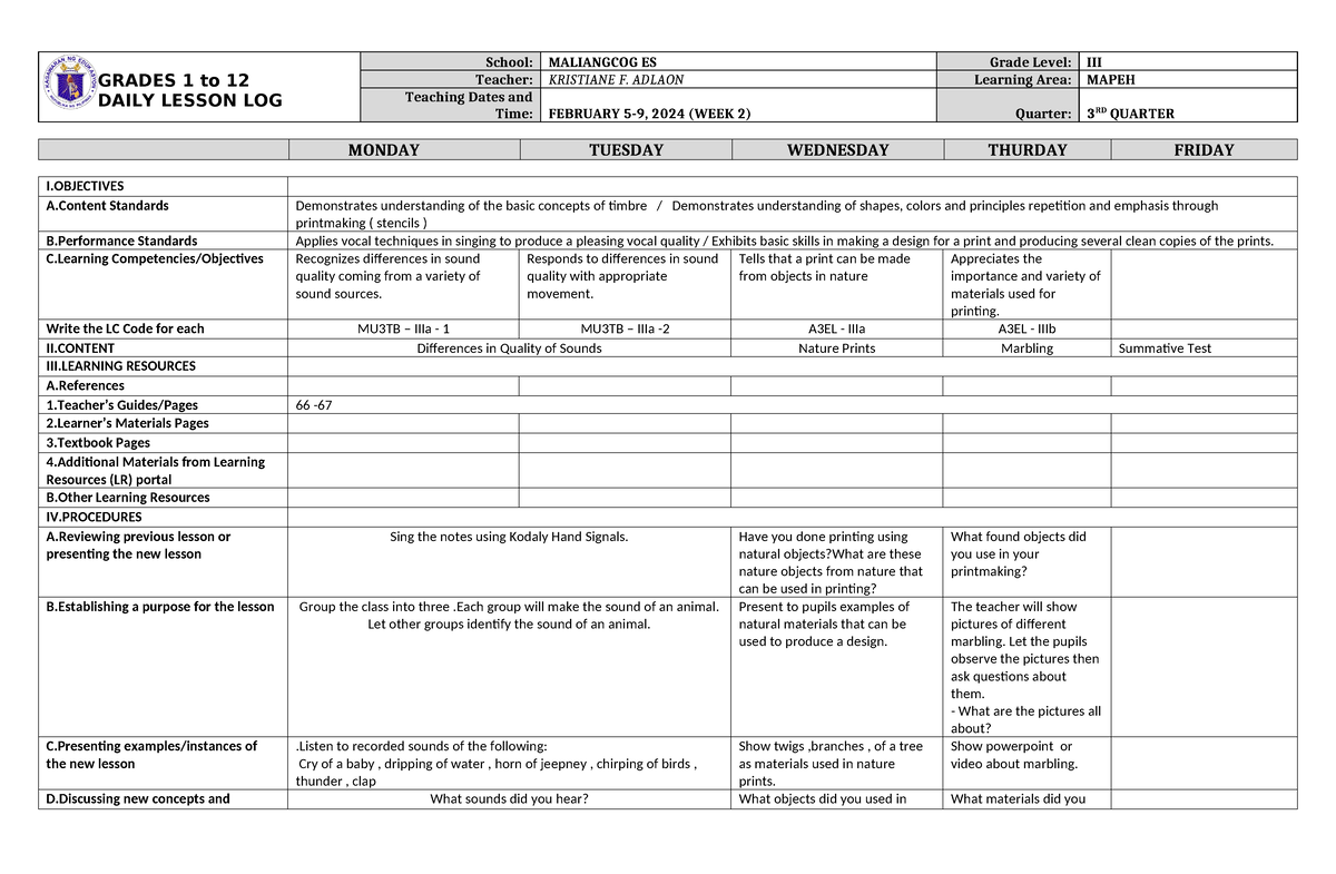 Dll Mapeh 3 Q3 W2 - Education - Grades 1 To 12 Daily Lesson Log School 