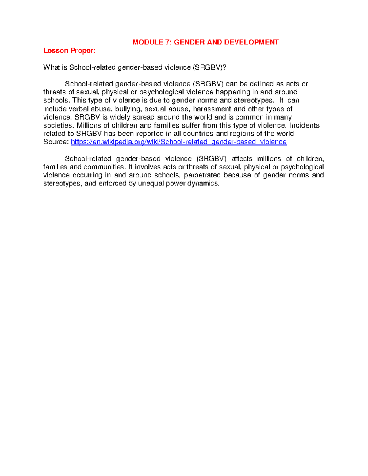 Module 7 - MODULE 7: GENDER AND DEVELOPMENT Lesson Proper: What is ...