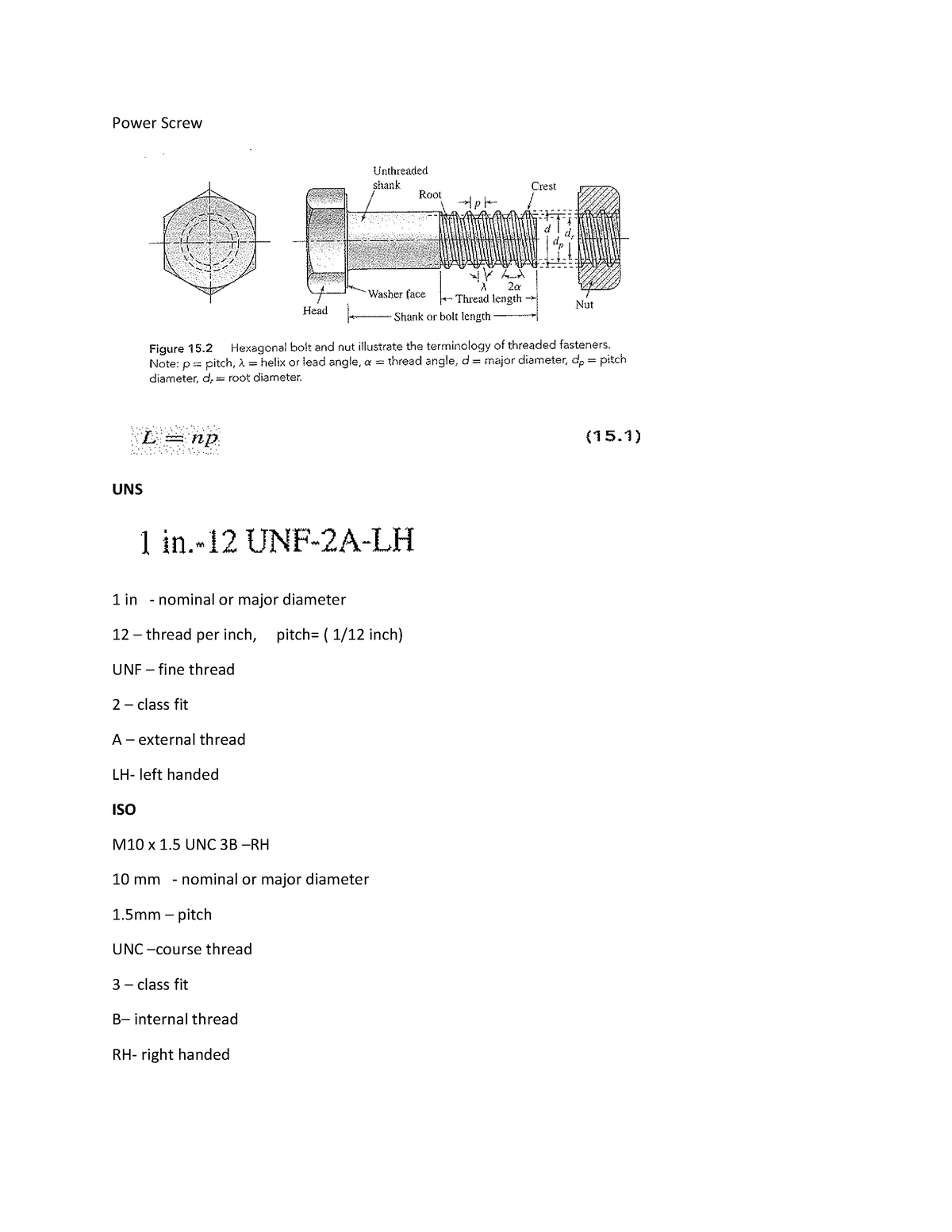 1. A STUD Power Screw Power Screw UNS 1 in nominal or major diameter