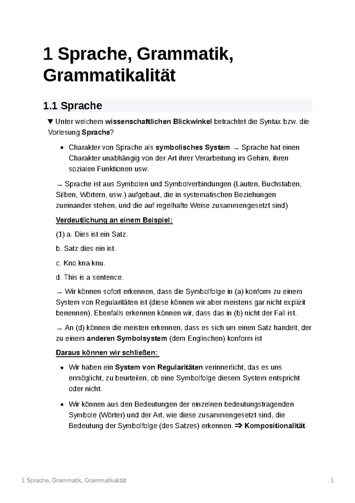 1 Sprache Grammatik Grammatikalität (Fragen) - 1 Sprache, Grammatik ...