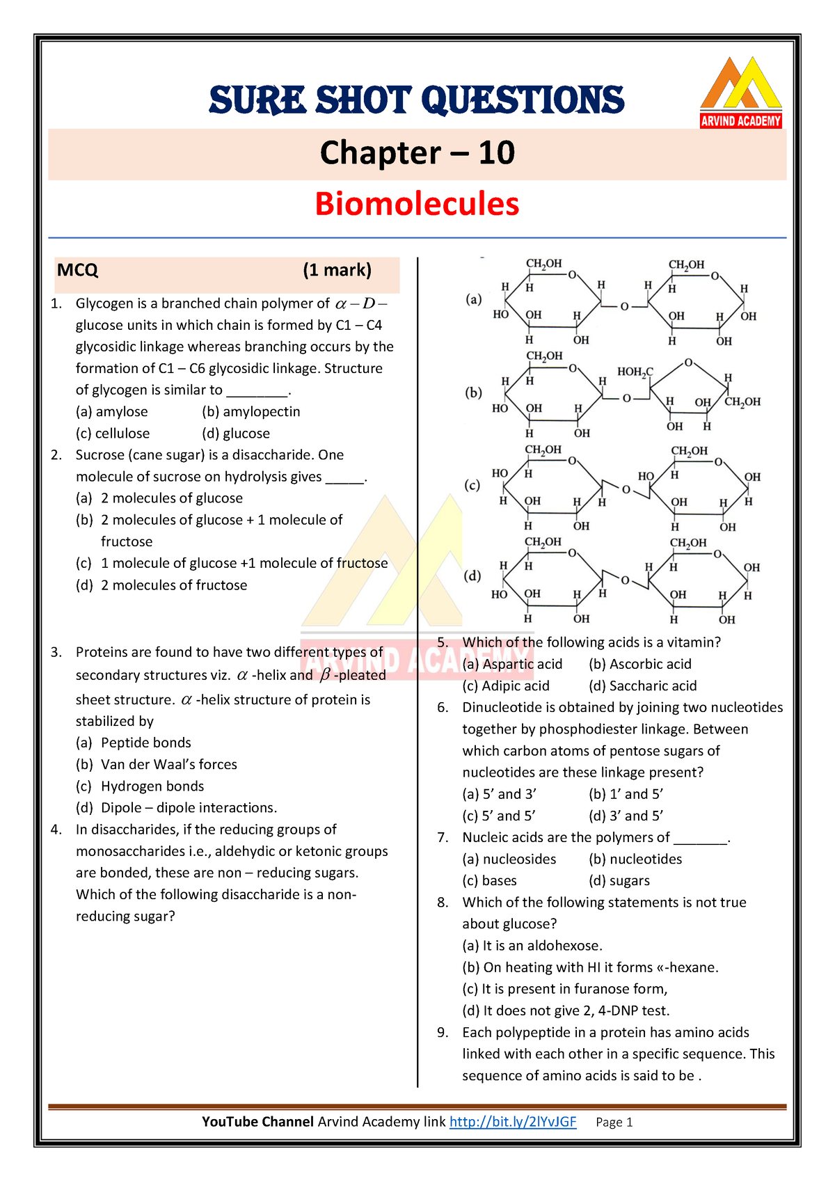 Question Chap 10 Biomolecules Sure Shot Questions Chapter 10 Biomolecules Mcq 1 Mark