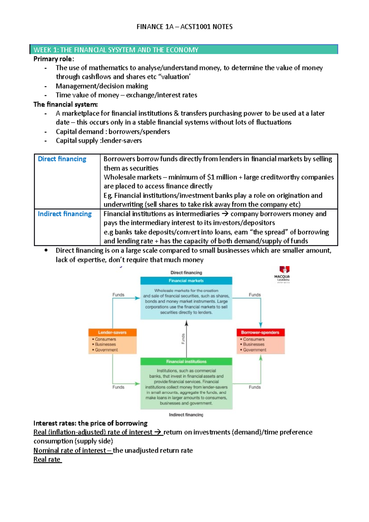 Finance notes - week 1 to 7 - WEEK 1: THE FINANCIAL SYSYTEM AND THE ...