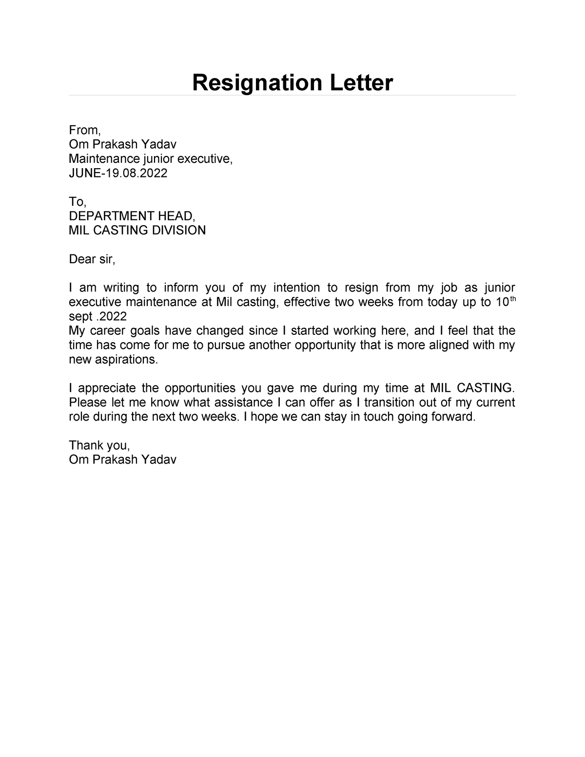 Resignation letter example free download - Resignation Letter From, Om ...