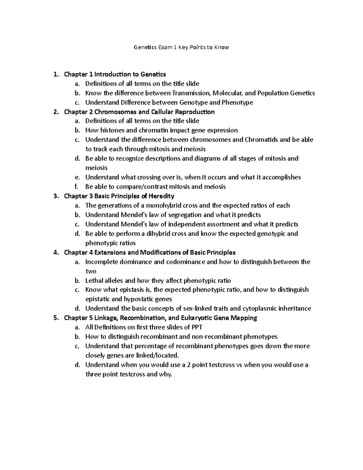 Genetics Exam 1 Key Points to Know - Definitions of all terms on the ...