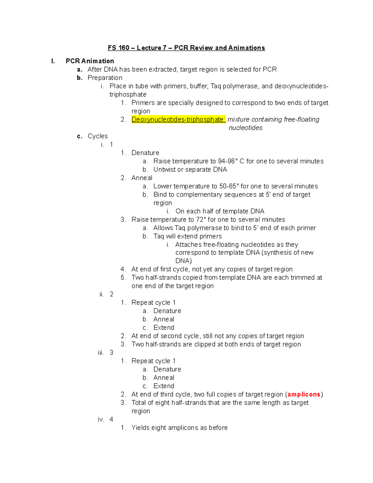 FS 160 - Lecture 7 - PCR Review and Animations - PCR Animation a. After ...
