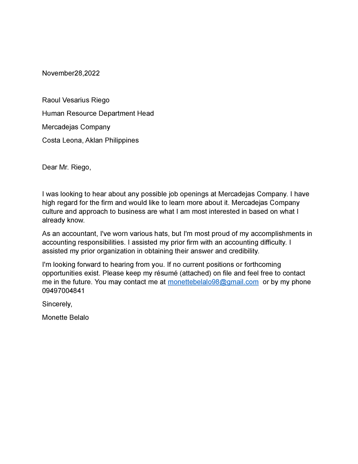 Application Letter Example - November28, Raoul Vesarius Riego Human ...