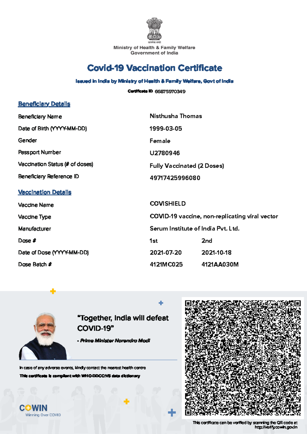 Vaccination certificate - Vaccination Details Beneficiary Details ...