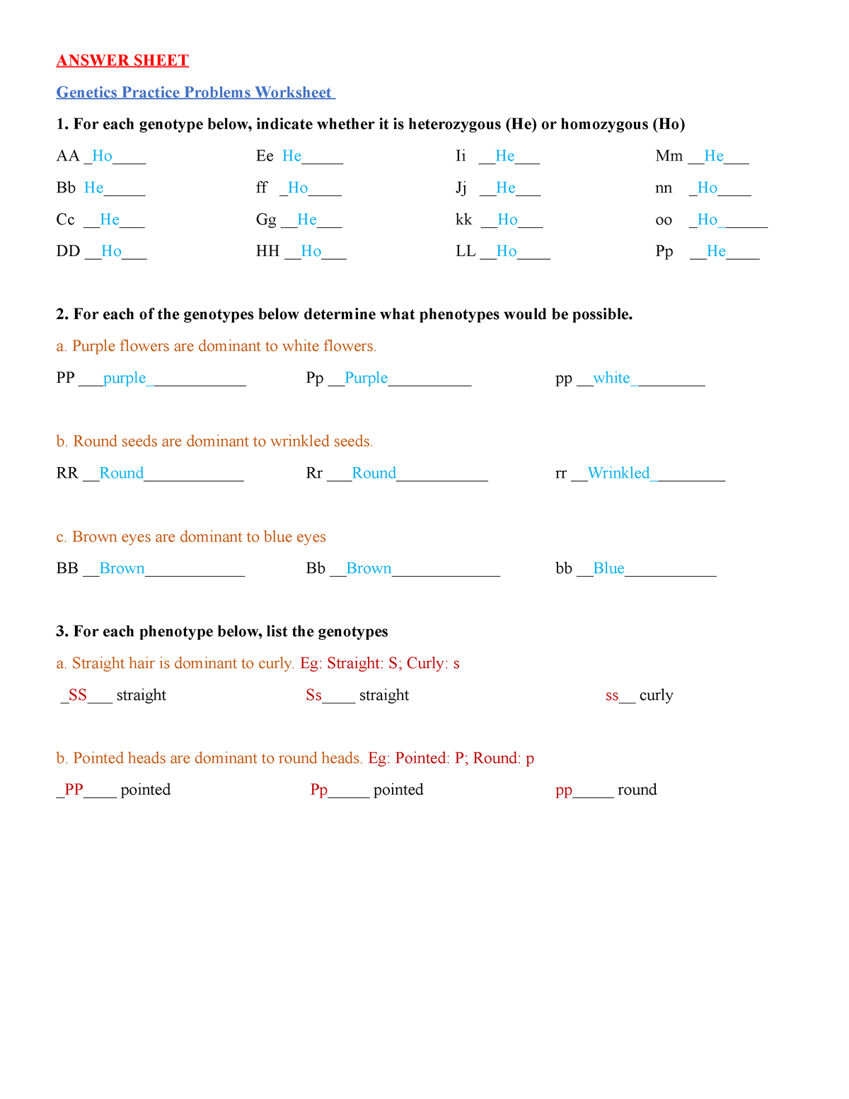 (13) Genetics Practice Problems Worksheet homework answers ANSWER