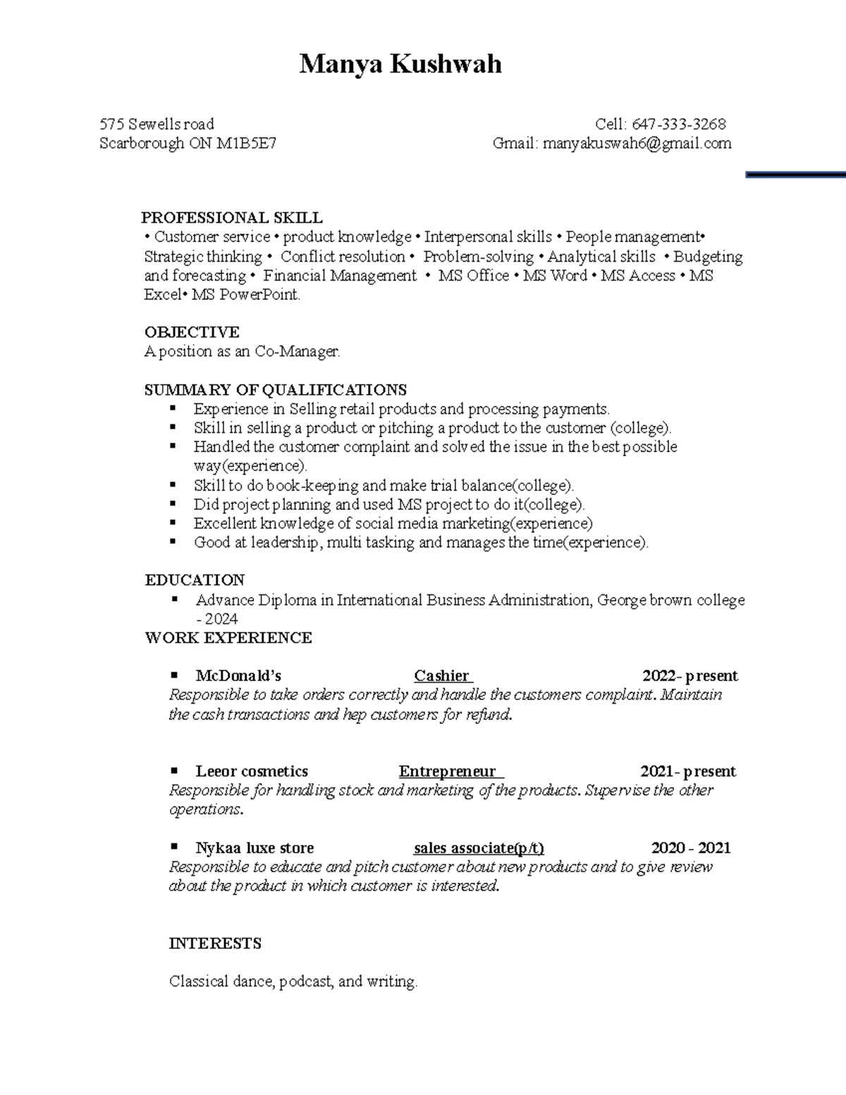 Hybrid resume m - midterm - Manya Kushwah 575 Sewells road Cell: 647 ...