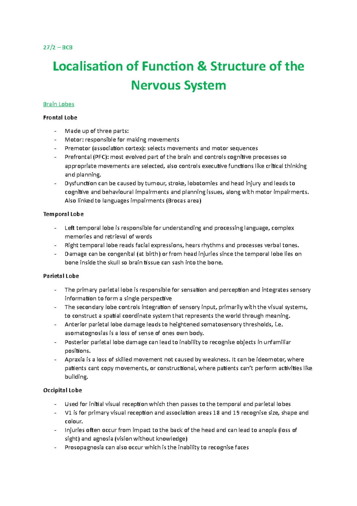 Localisation of Function & Structure of the Nervous System - 27/2 – BCB ...