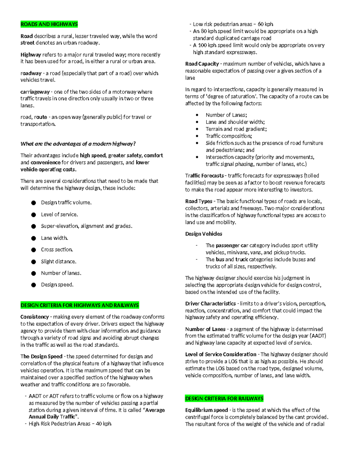 Ce 321 fn notes - ROADS AND HIGHWAYS Road describes a rural, lesser ...