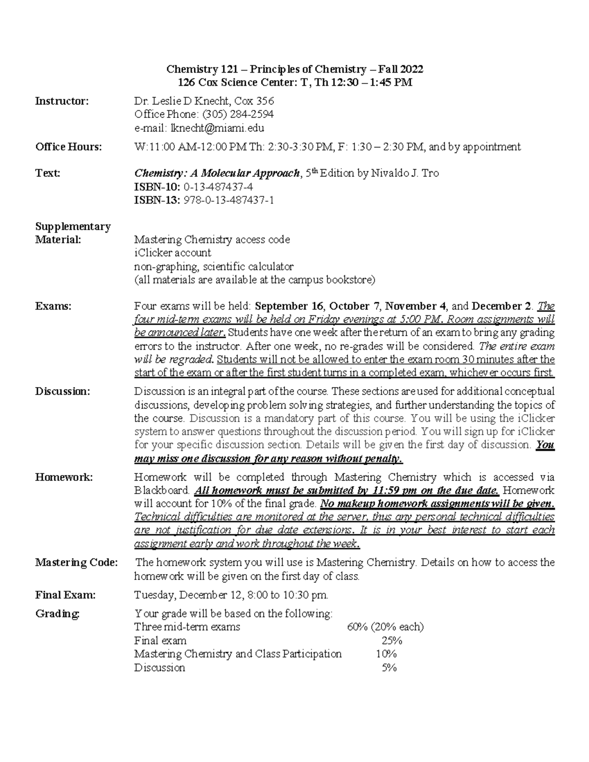 Chem Syllabus - Chemistry 121 – Principles Of Chemistry – Fall 2022 126 ...