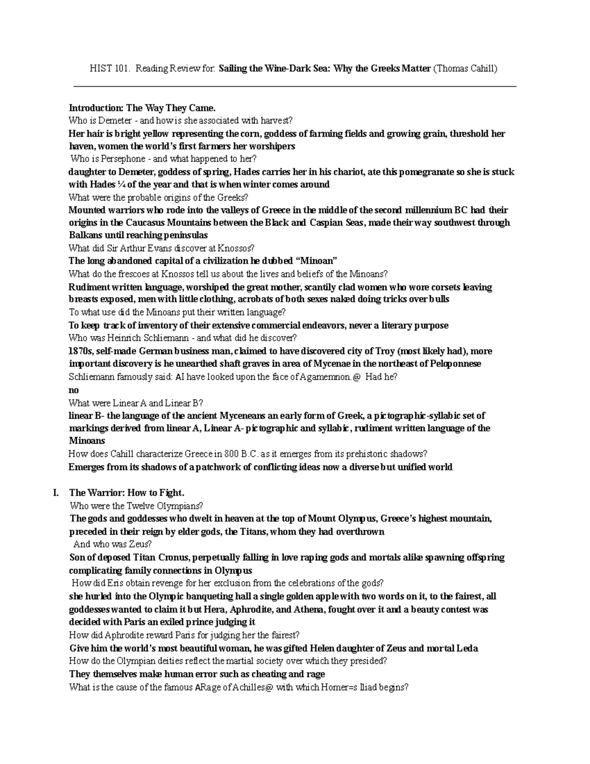 Sailing the Wine Dark Sea Review HIST 101. Reading Review for