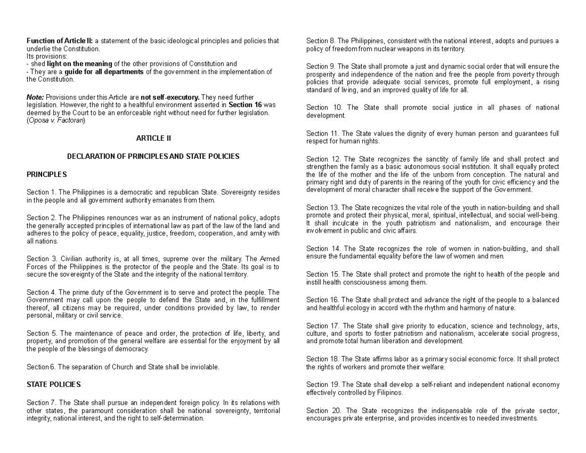 LEG RES notes - legal research - Function of Article II: a statement of ...
