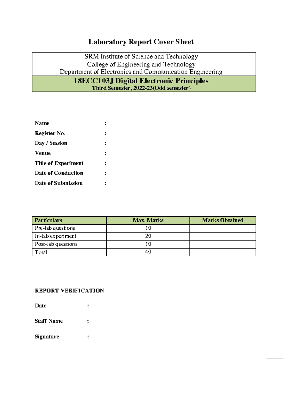 EXPT -5-7 18ECC103J lab experiments - Laboratory Report Cover Sheet SRM ...
