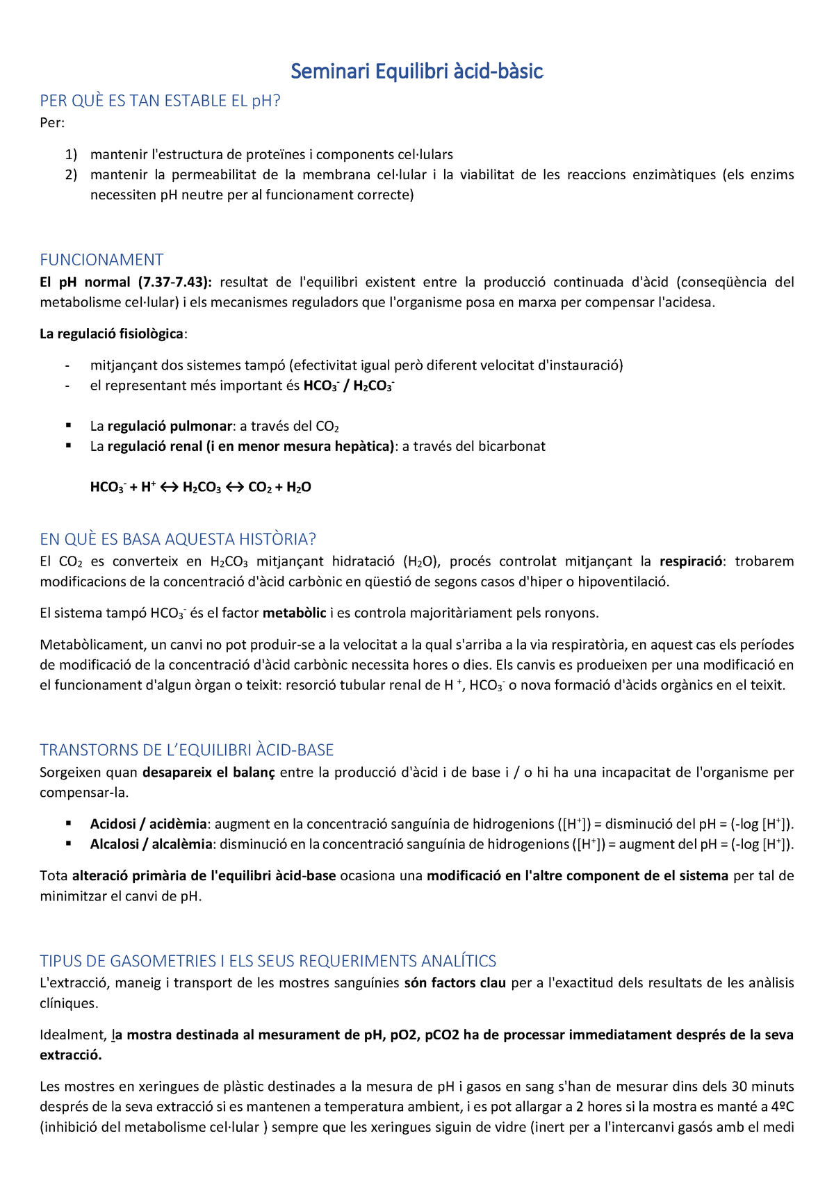 Bloc 2 Seminari 1 Equilibri àcid-base - Seminari Equilibri àcid-bàsic 