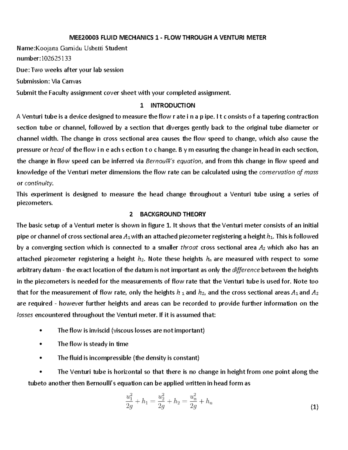 Lab venturi 1 kjdbfshdbfsgb MEE20003 FLUID MECHANICS 1 FLOW