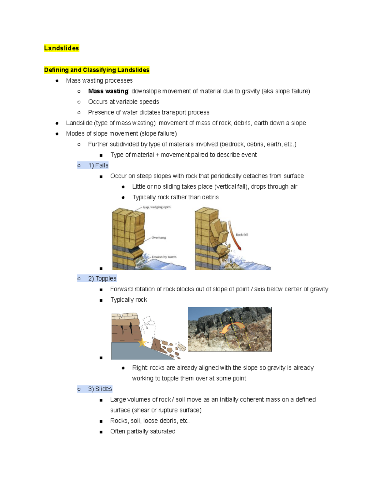 GEOL 103 Landslide Notes Landslides Defining and Classifying