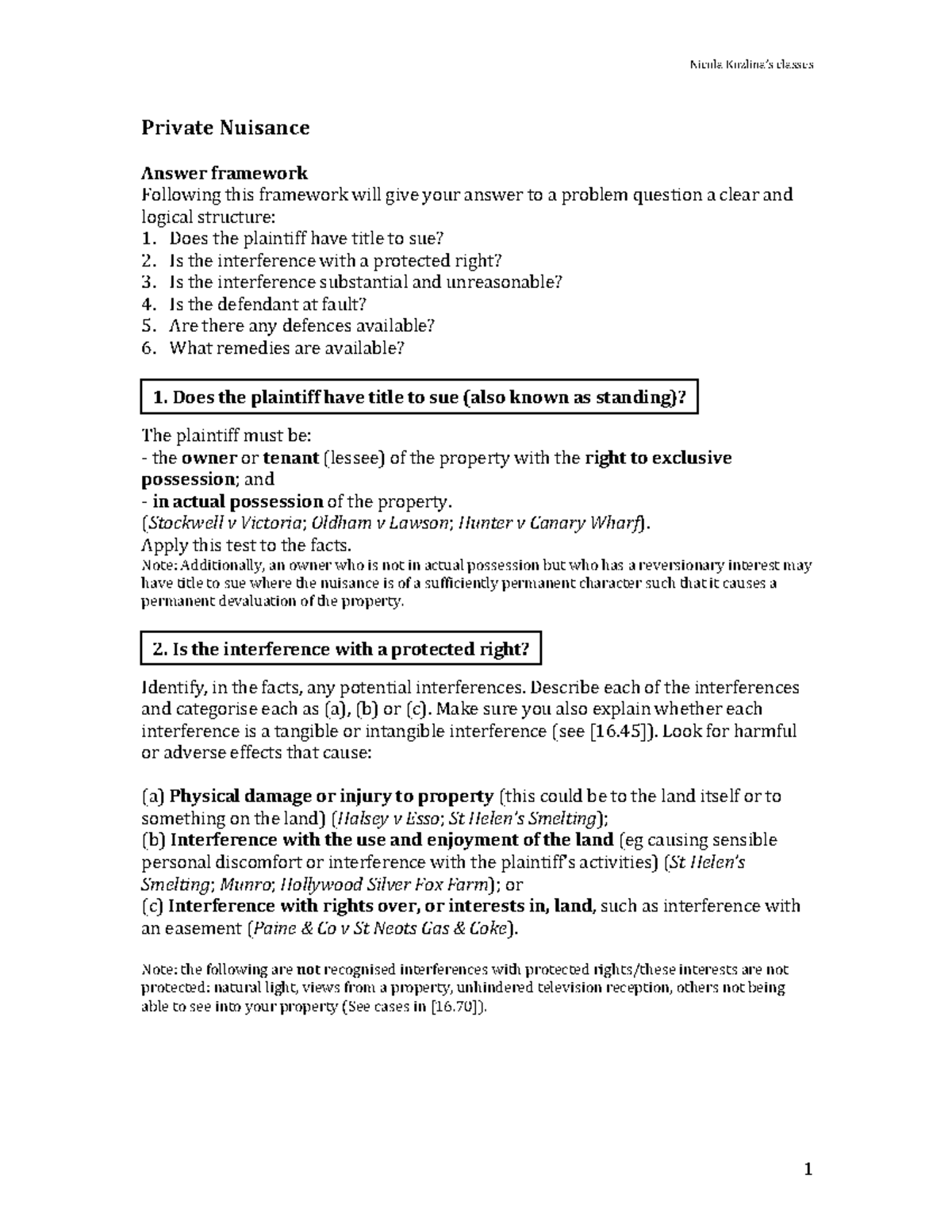 Private nuisance student answer framework - LAWS1061 - UNSW Sydney ...