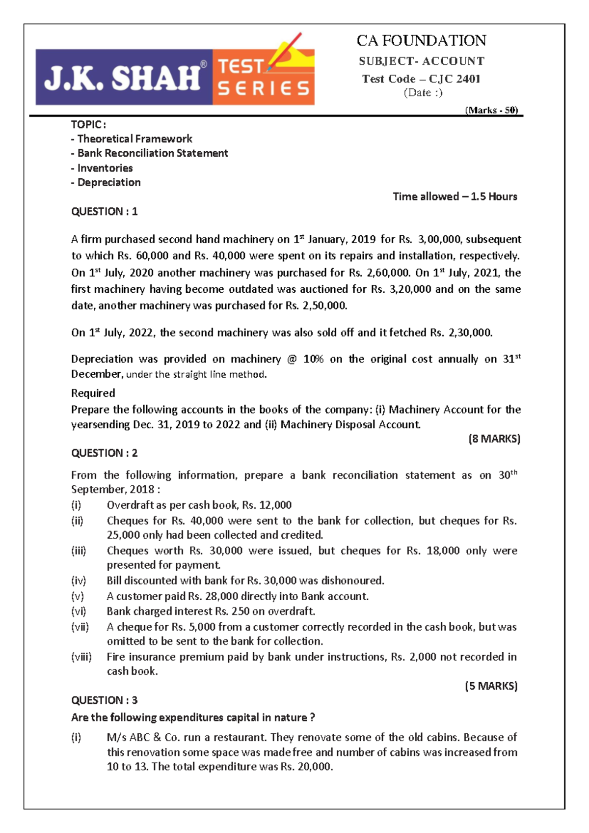CJC 2401 Accounts Question Paper CA FOUNDATION SUBJECT ACCOUNT Test Code CJC 2 401 (Date