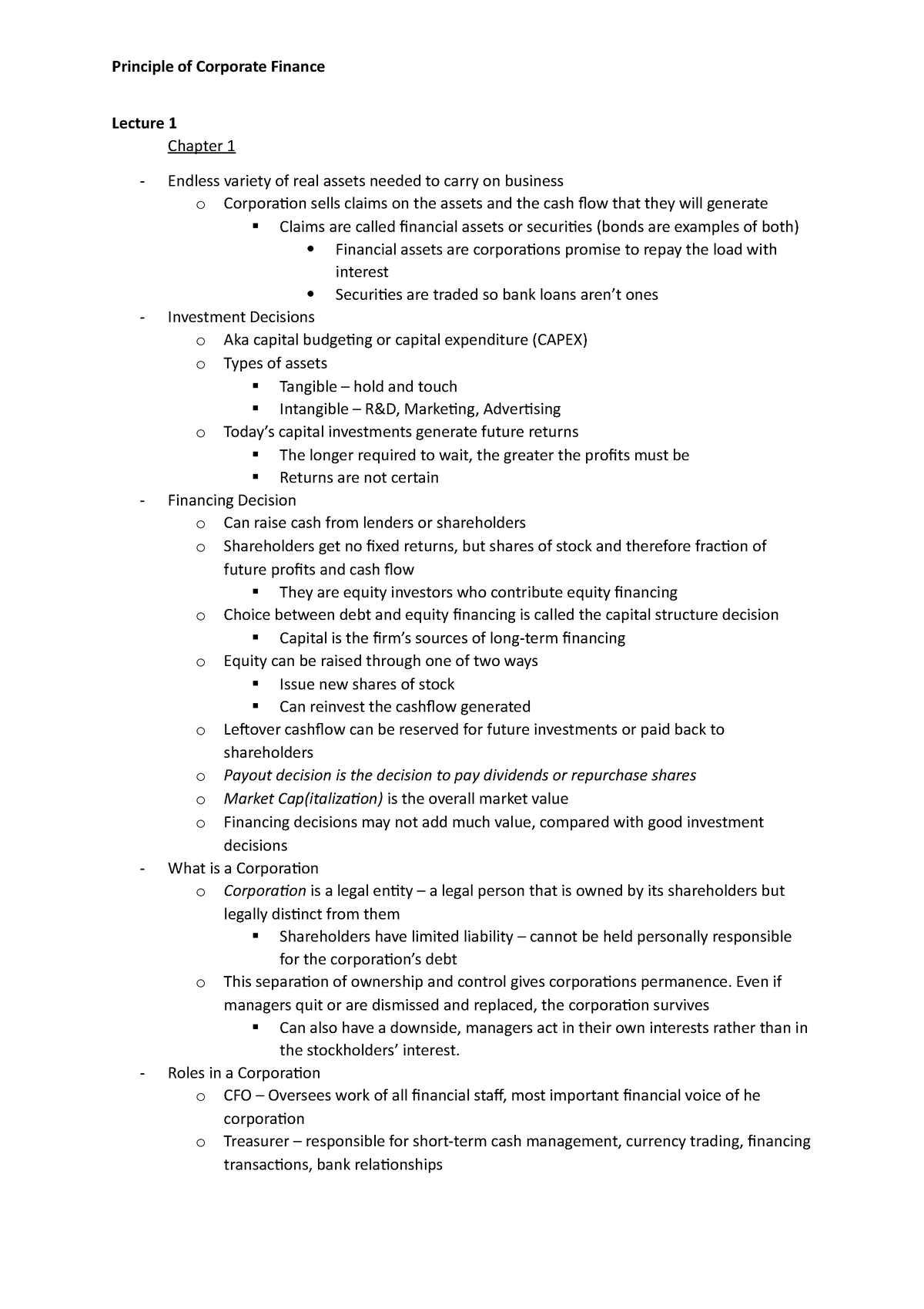 Principle of Corporate Finance notes - Lecture 1 Chapter 1 Endless ...