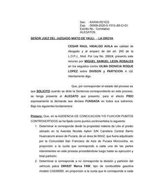 Alegatos Division Y Particion - Sec : KARIN REYES Exp. :  00009-2020-0-1510-JM-CI- Escrito No**.** - Studocu