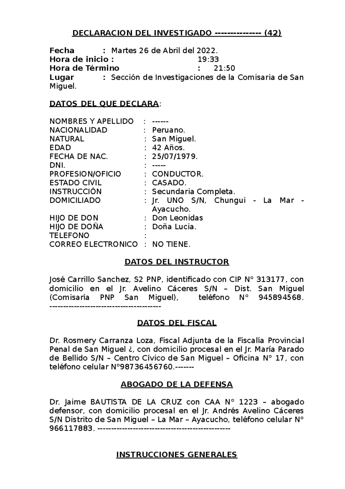 Declaracion DEL Investigado Peter ROCA Valencia Corregido - DECLARACION ...